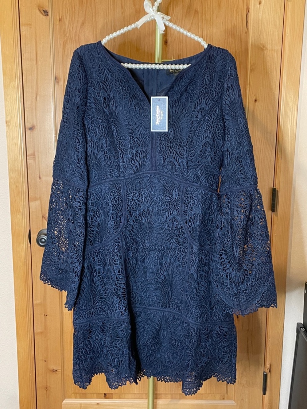 Juicy Couture Navy Lace Long-Sleeve Bell-Sleeve Dress NWT Size 10